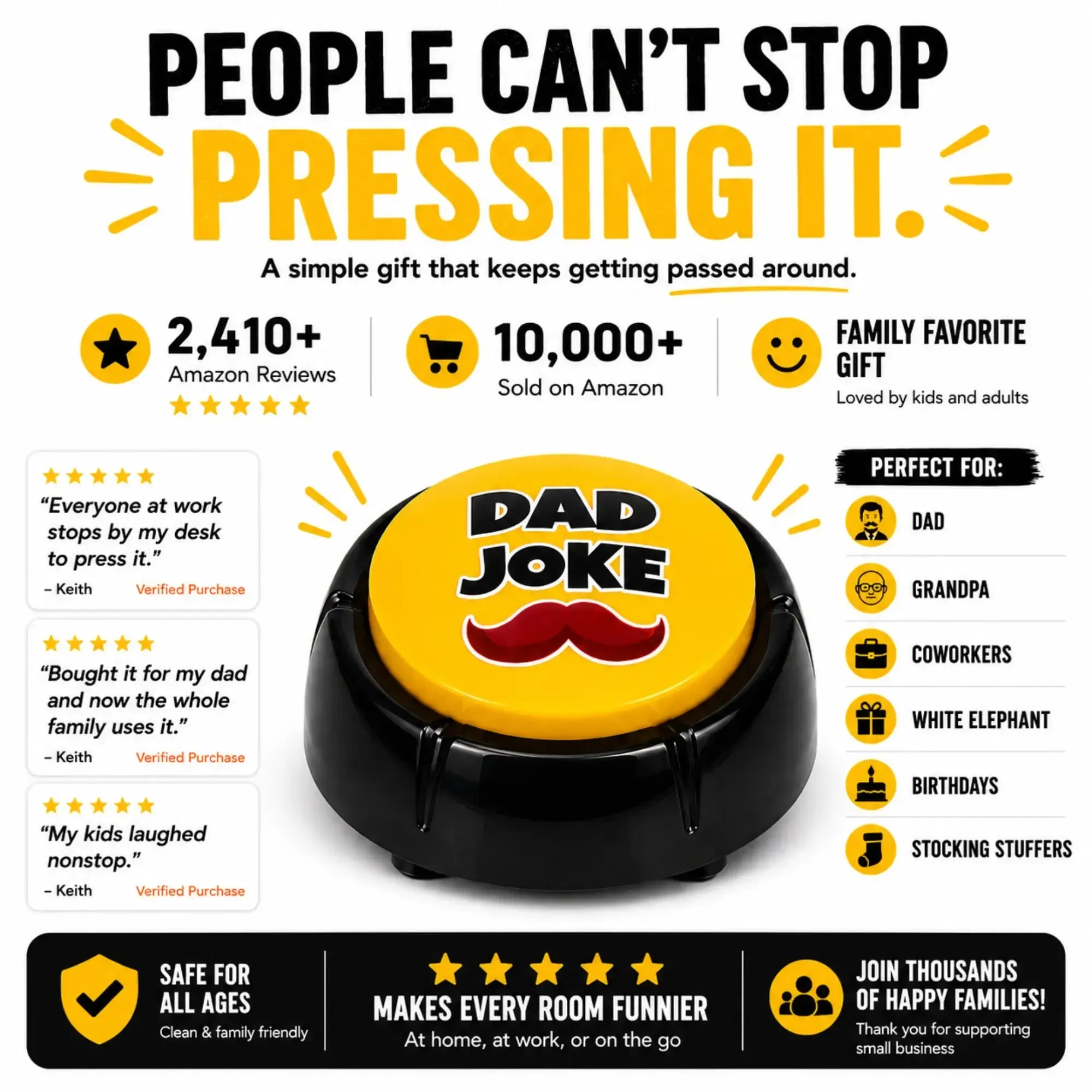 The Original Dad Joke Button | Funny Dad Jokes Gift for Dad | Fathers Day Gifts, Dad Birthday Gift from Daughter Son | Gag Gifts for Men, White Elephant Gifts for Adults - Image 6