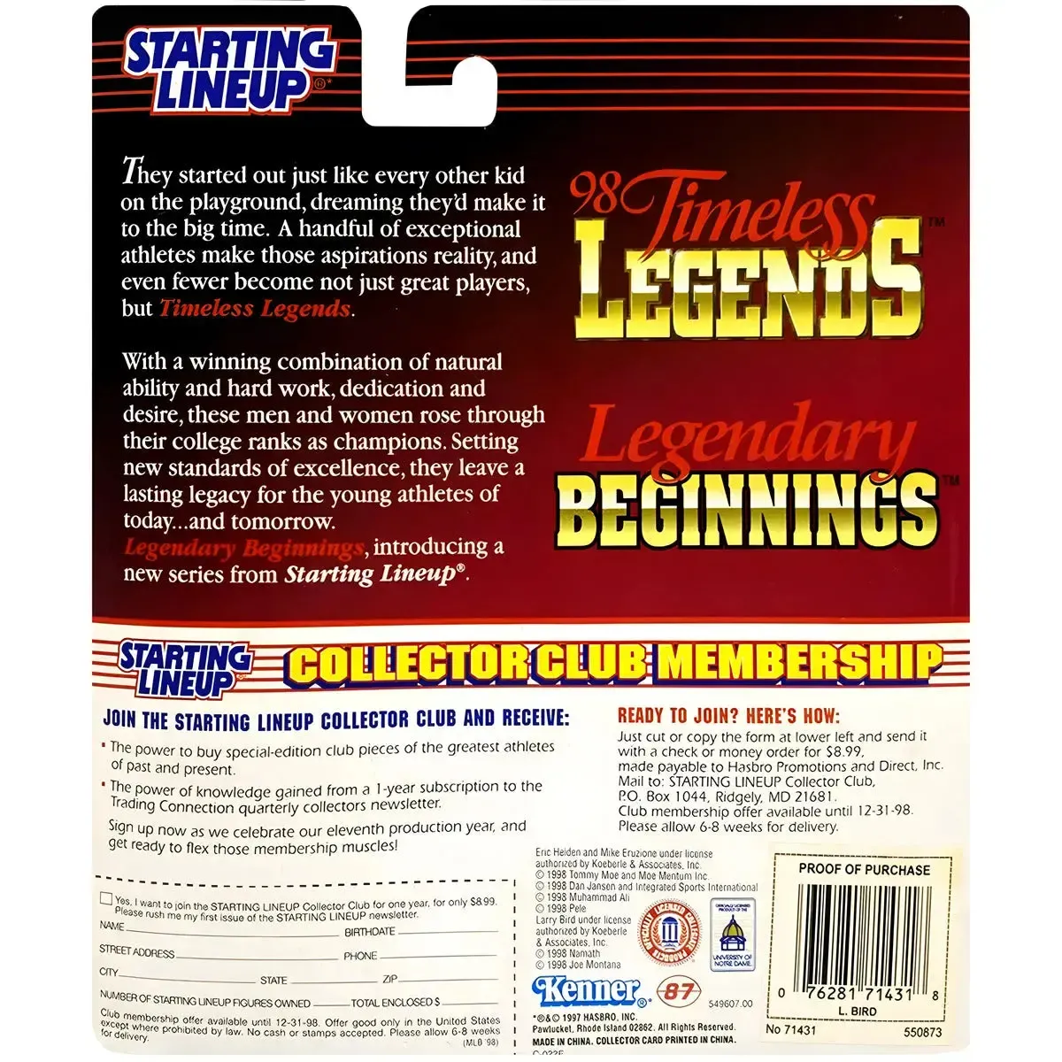 Starting Lineup [NCAA Basketball: Indiana State] - Larry Bird Basketball Figure (6") - Kenner - Legendary Beginnings Series - Image 2