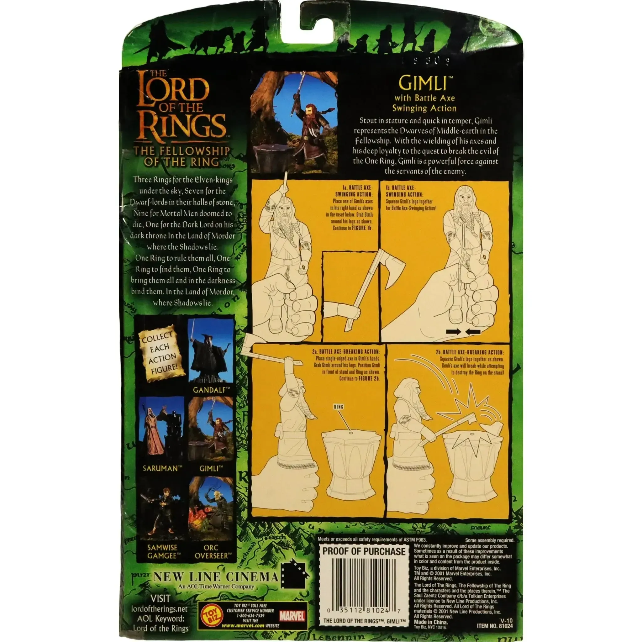The Lord of the Rings: The Fellowship of the Ring - Battle Axe Swinging Gimli Action Figure - Toy Biz - (2001) - Image 2