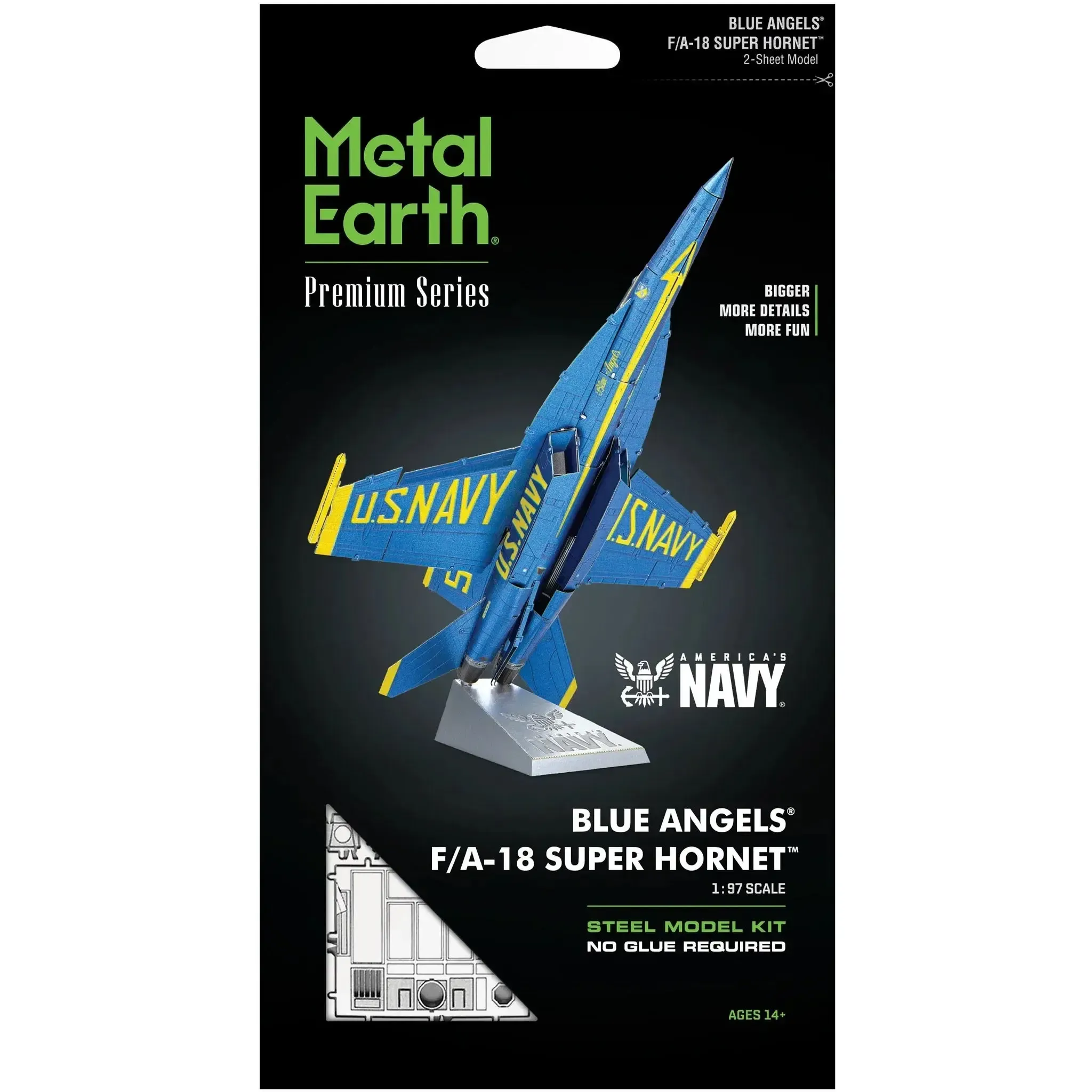 The United States Navy - Blue Angels F/A-18 Super Hornet Military Plane 3D Figure Model Kit (1:120 Scale, Steel, Moderate Difficulty) - Fascinations - Metal Earth Premium Series - (2023)