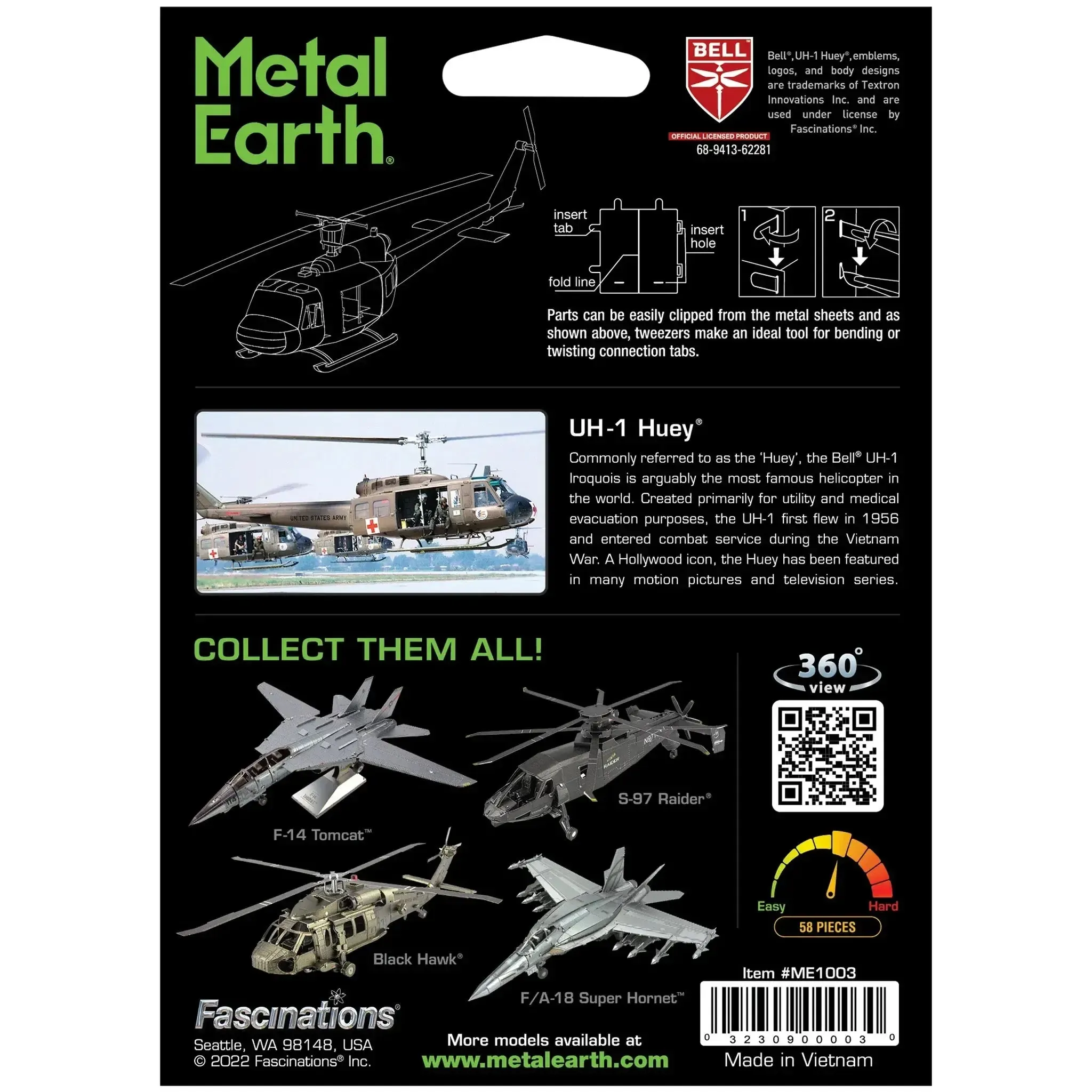 Vietnam War [United States Army] - Bell UH-1 Huey Helicopter 3D Figure Model Kit (1:80 Scale, Steel, Moderate Difficulty) - Fascinations - Metal Earth Series - (2023) - Image 3