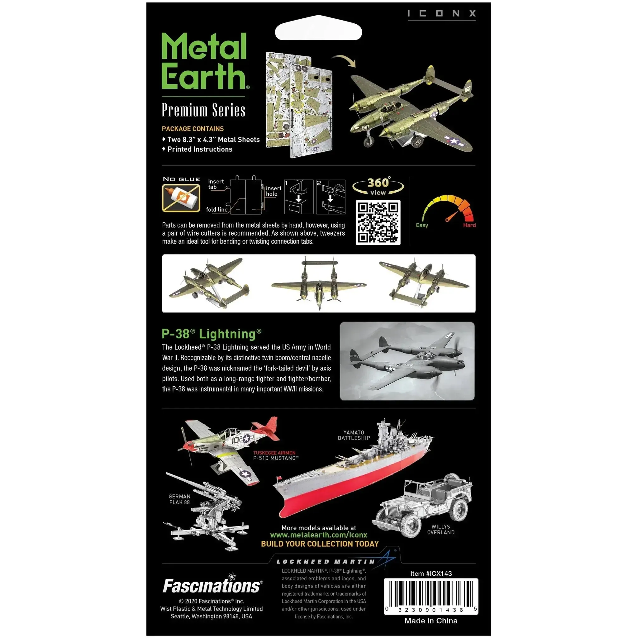 World War II [United States Army Air Forces] - Lockheed Martin P-38 Lightning Fighter Aircraft 3D Figure Model Kit (1:79 Scale, Steel, Moderate Difficulty) - Fascinations - Metal Earth Premium Series - (2023) - Image 3